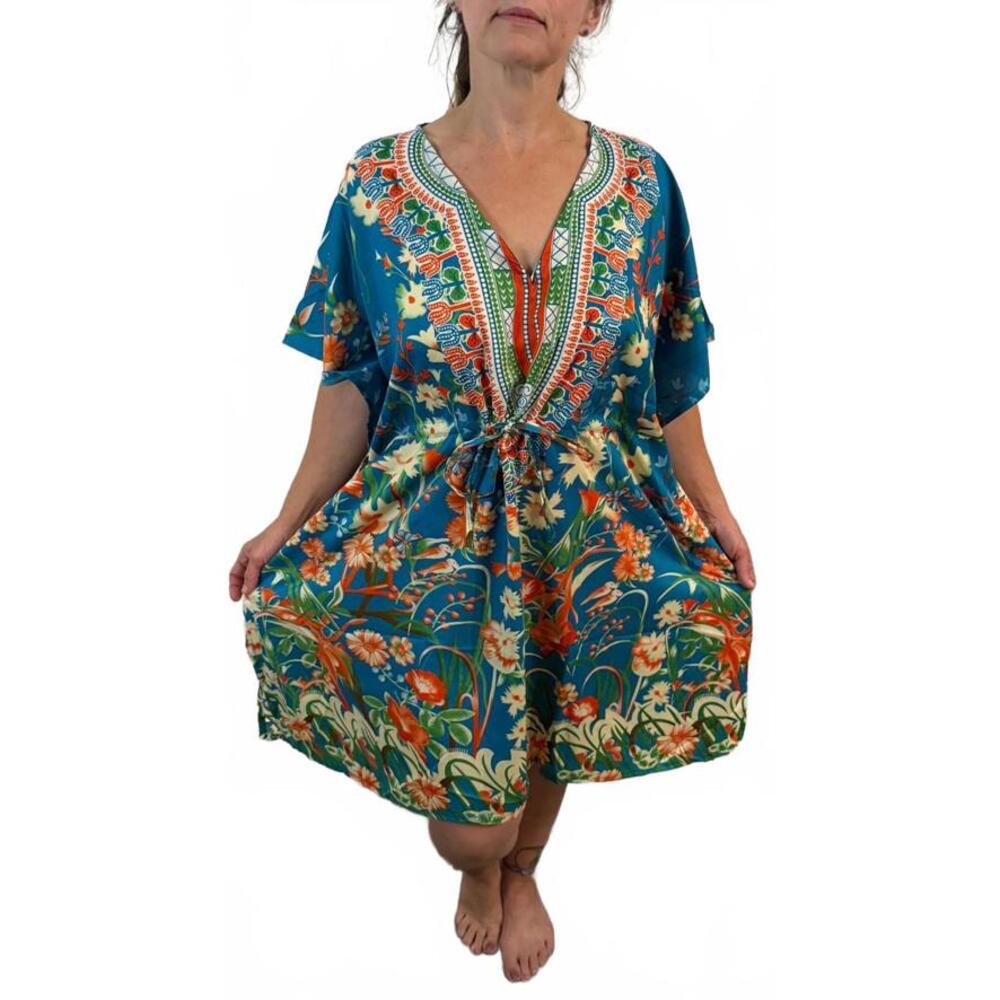 NWT Boho Style Floral Caftan Swim Beach Cover up Tunic Dress L XL XXL OS - Picture 4 of 4